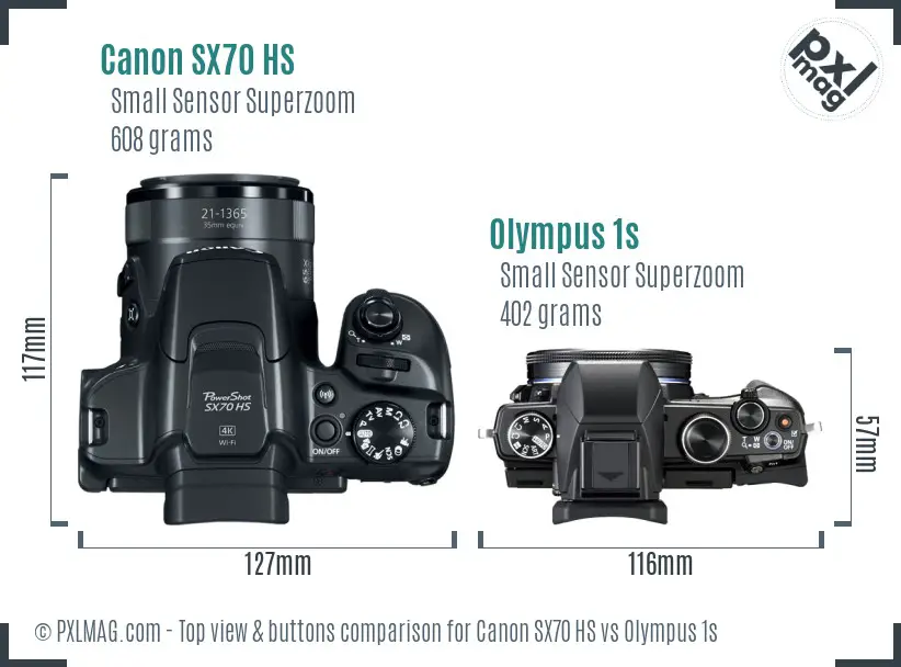 Canon SX70 HS vs Olympus 1s top view buttons comparison