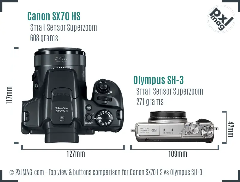 Canon SX70 HS vs Olympus SH-3 top view buttons comparison
