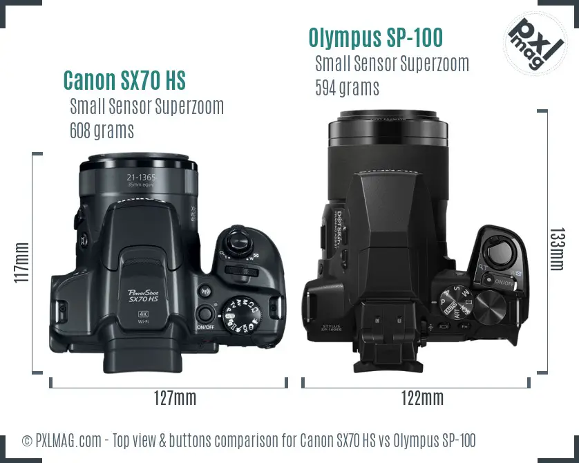 Canon SX70 HS vs Olympus SP-100 top view buttons comparison
