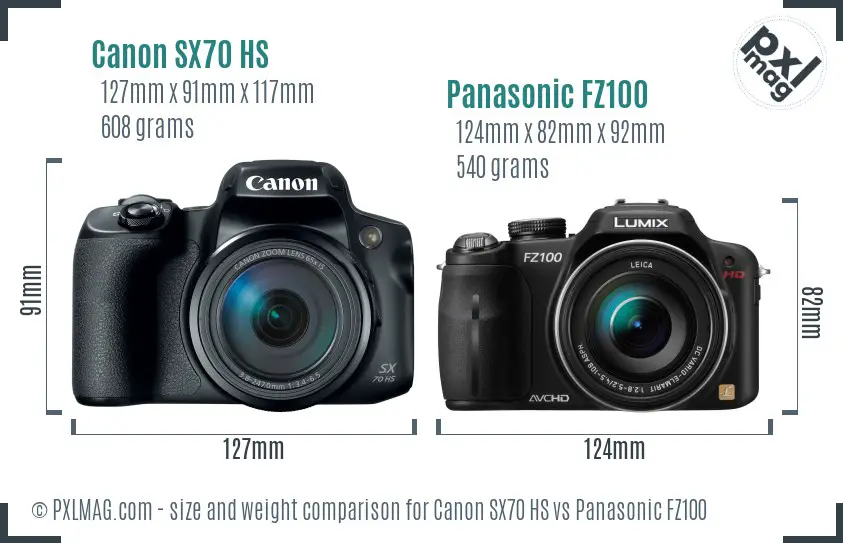Canon SX70 HS vs Panasonic FZ100 size comparison