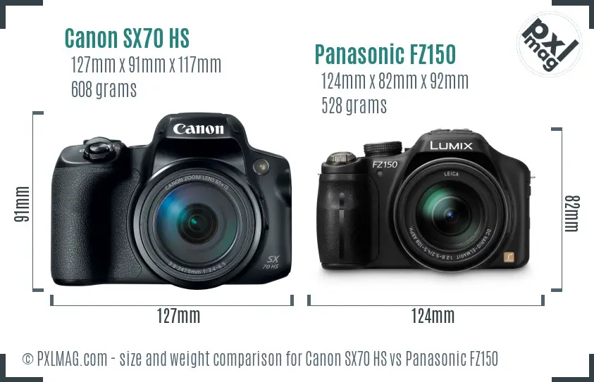 Canon SX70 HS vs Panasonic FZ150 size comparison