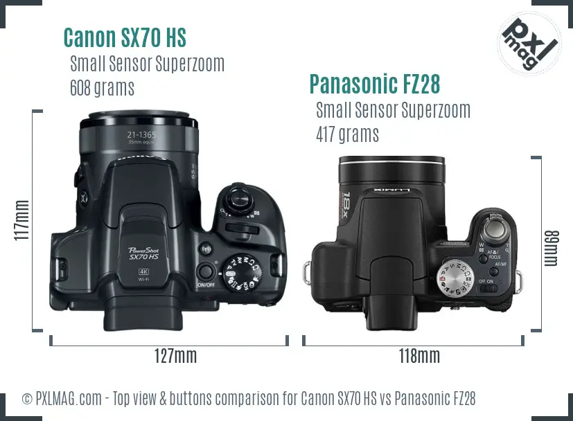 Canon SX70 HS vs Panasonic FZ28 top view buttons comparison