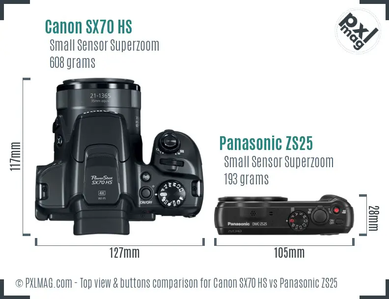 Canon SX70 HS vs Panasonic ZS25 top view buttons comparison