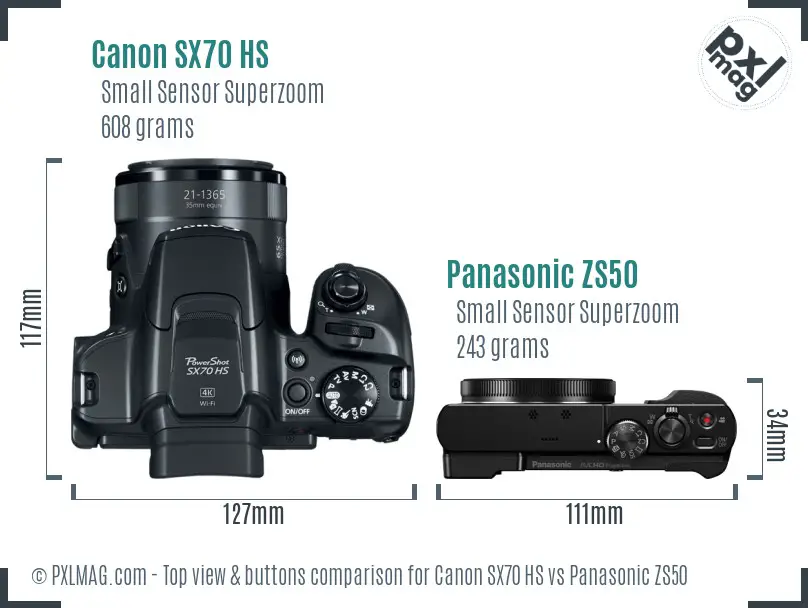 Canon SX70 HS vs Panasonic ZS50 top view buttons comparison