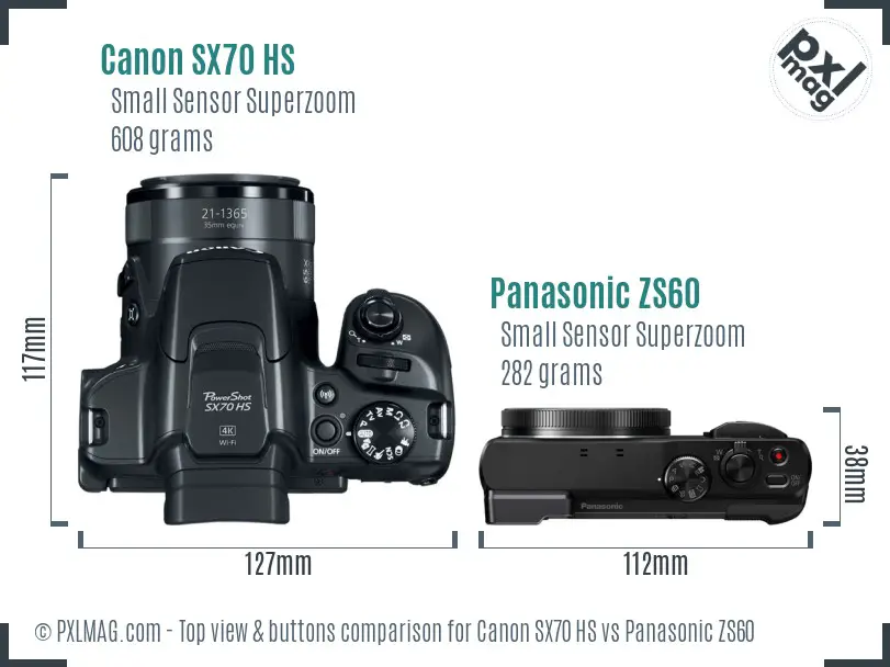 Canon SX70 HS vs Panasonic ZS60 top view buttons comparison