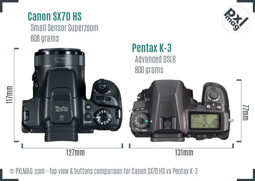 Canon SX70 HS vs Pentax K-3 top view buttons comparison