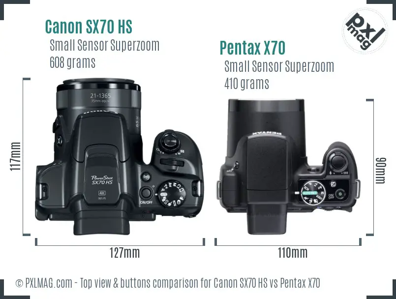 Canon SX70 HS vs Pentax X70 top view buttons comparison