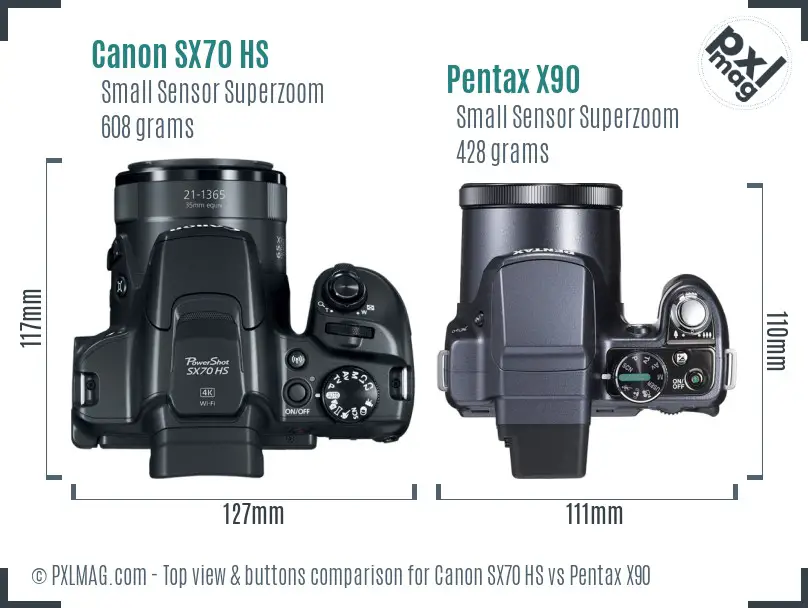 Canon SX70 HS vs Pentax X90 top view buttons comparison