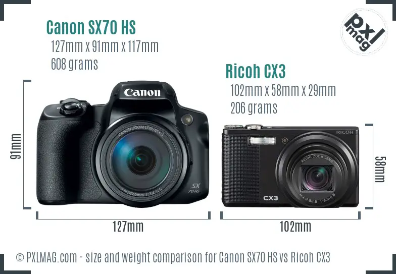 Canon SX70 HS vs Ricoh CX3 size comparison