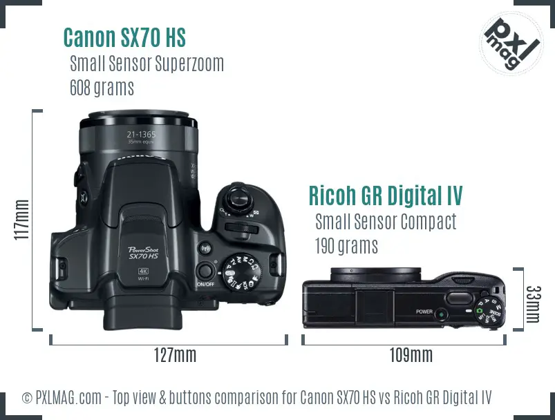 Canon SX70 HS vs Ricoh GR Digital IV top view buttons comparison