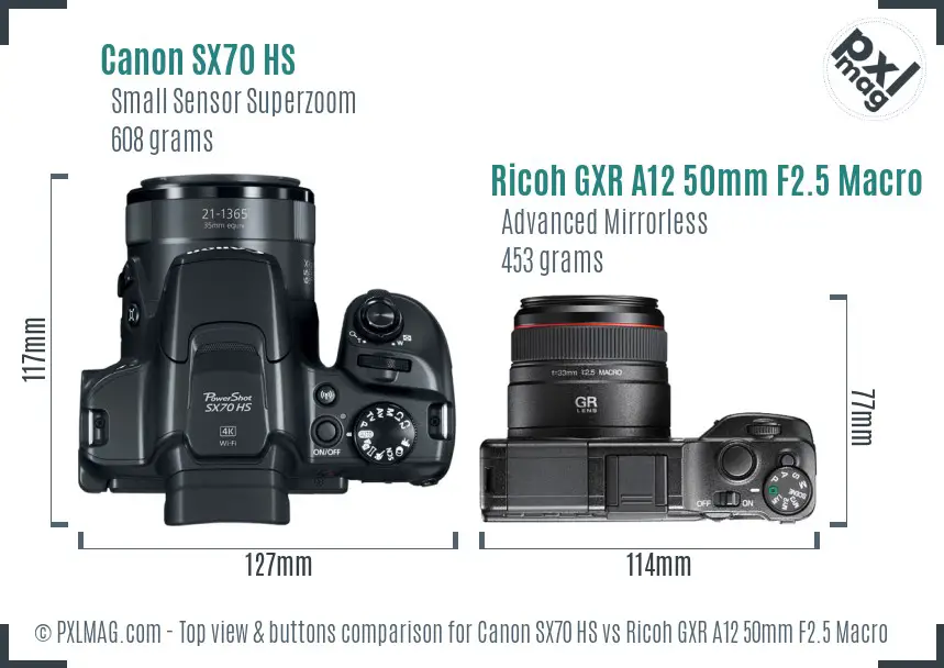 Canon SX70 HS vs Ricoh GXR A12 50mm F2.5 Macro top view buttons comparison Canon SX70 HS vs Ricoh GXR A12 50mm F2.5 Macro top view buttons comparison