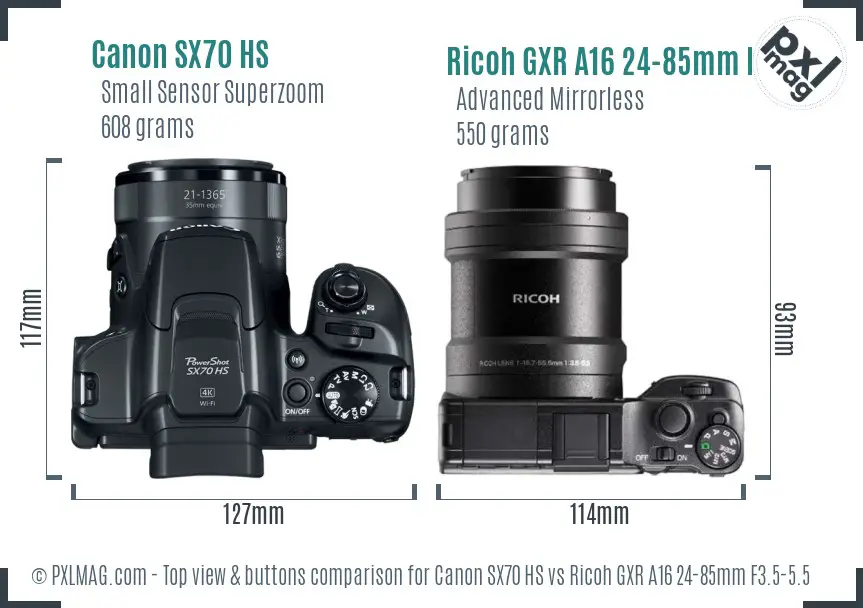 Canon SX70 HS vs Ricoh GXR A16 24-85mm F3.5-5.5 top view buttons comparison