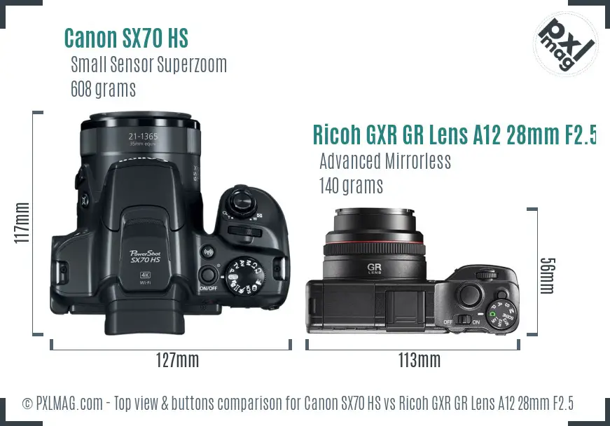 Canon SX70 HS vs Ricoh GXR GR Lens A12 28mm F2.5 top view buttons comparison