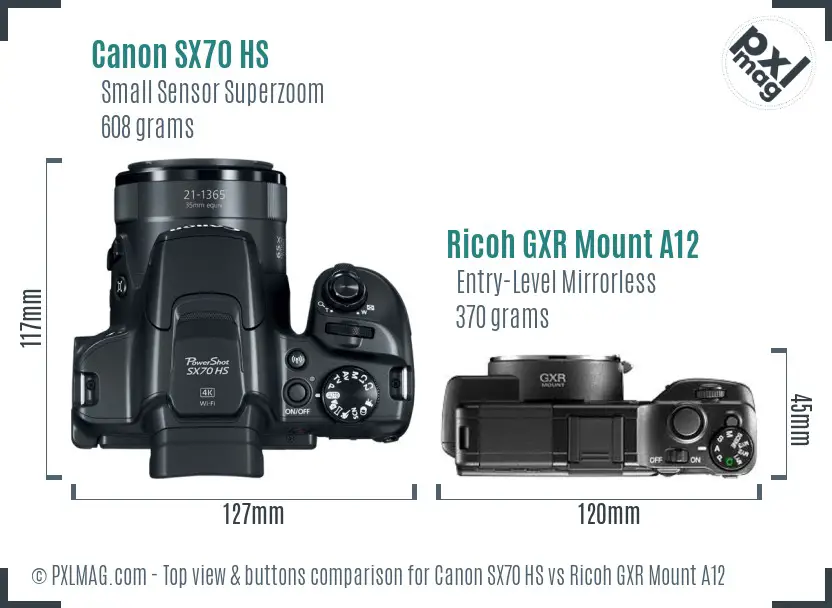 Canon SX70 HS vs Ricoh GXR Mount A12 top view buttons comparison