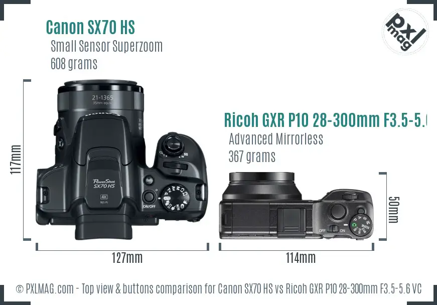 Canon SX70 HS vs Ricoh GXR P10 28-300mm F3.5-5.6 VC top view buttons comparison