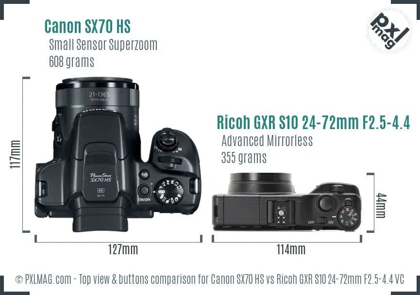 Canon SX70 HS vs Ricoh GXR S10 24-72mm F2.5-4.4 VC top view buttons comparison