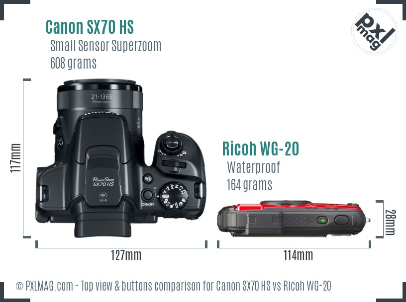 Canon SX70 HS vs Ricoh WG-20 top view buttons comparison