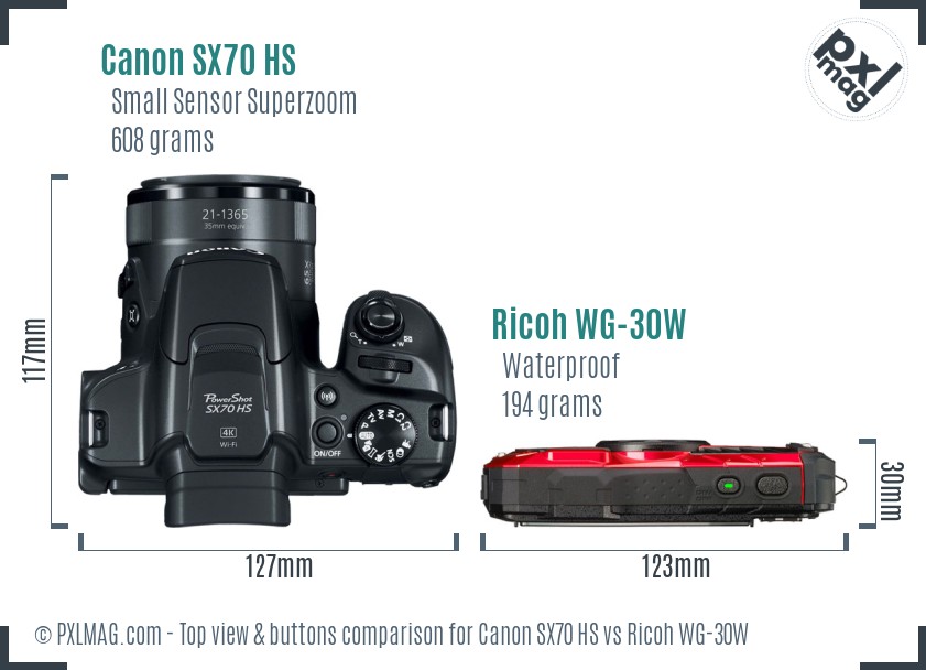 Canon SX70 HS vs Ricoh WG-30W top view buttons comparison