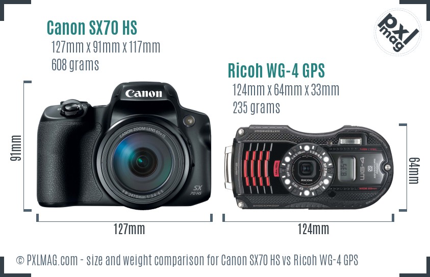 Canon SX70 HS vs Ricoh WG-4 GPS size comparison Canon SX70 HS vs Ricoh WG-4 GPS size comparison