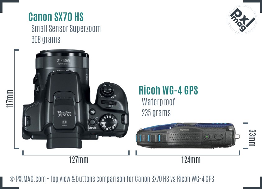 Canon SX70 HS vs Ricoh WG-4 GPS top view buttons comparison
