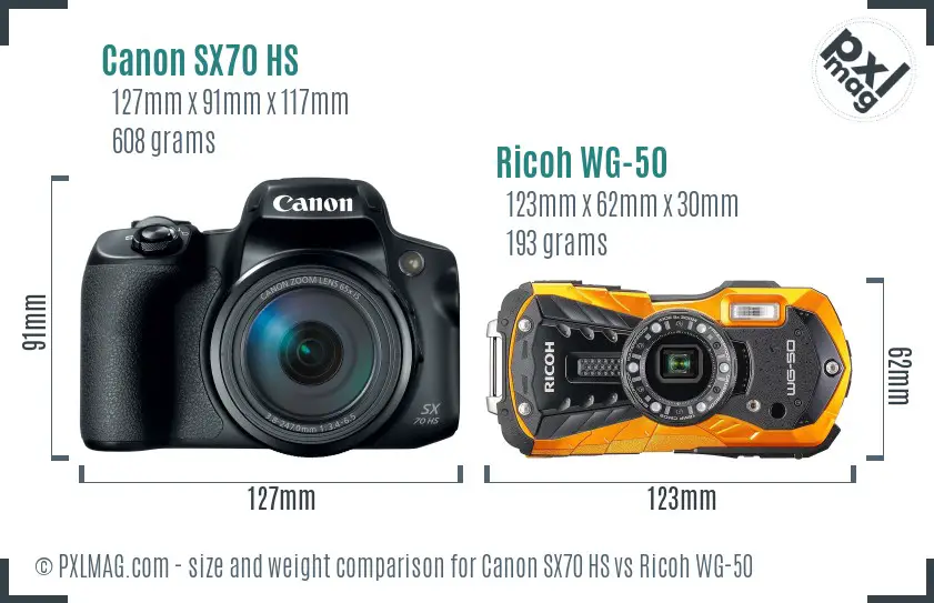 Canon SX70 HS vs Ricoh WG-50 size comparison