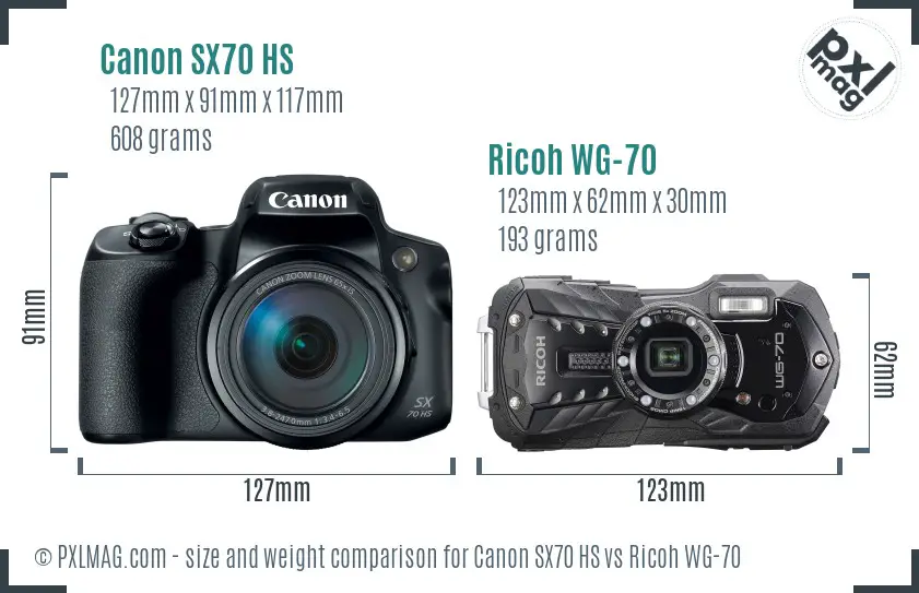 Canon SX70 HS vs Ricoh WG-70 size comparison