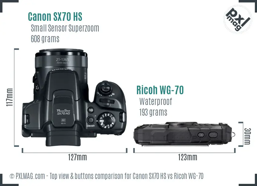 Canon SX70 HS vs Ricoh WG-70 top view buttons comparison