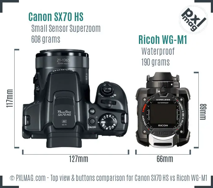 Canon SX70 HS vs Ricoh WG-M1 top view buttons comparison