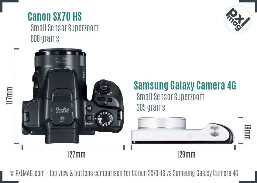 Canon SX70 HS vs Samsung Galaxy Camera 4G top view buttons comparison