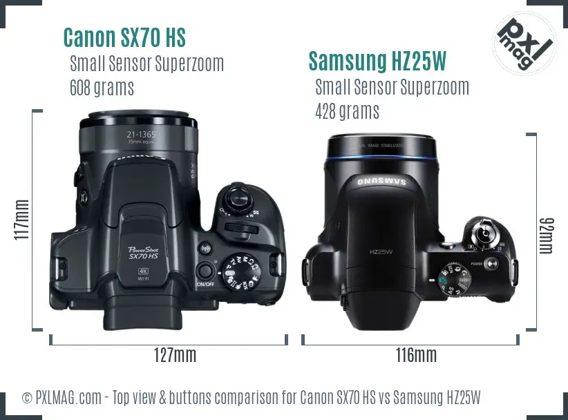 Canon SX70 HS vs Samsung HZ25W top view buttons comparison