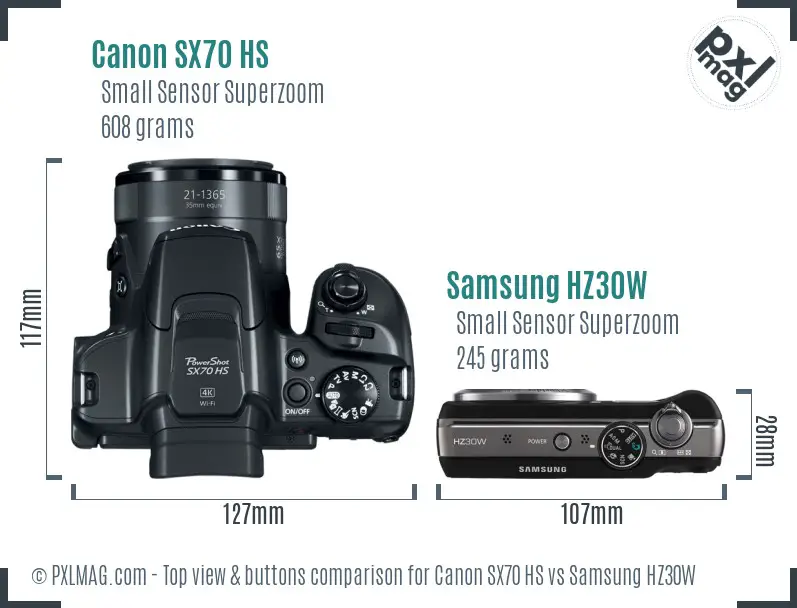 Canon SX70 HS vs Samsung HZ30W top view buttons comparison
