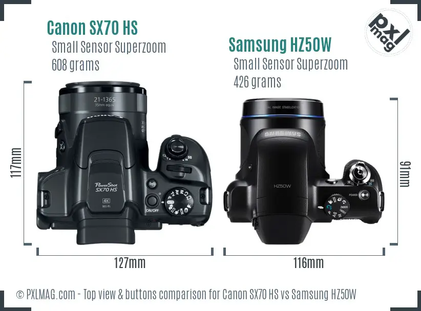 Canon SX70 HS vs Samsung HZ50W top view buttons comparison