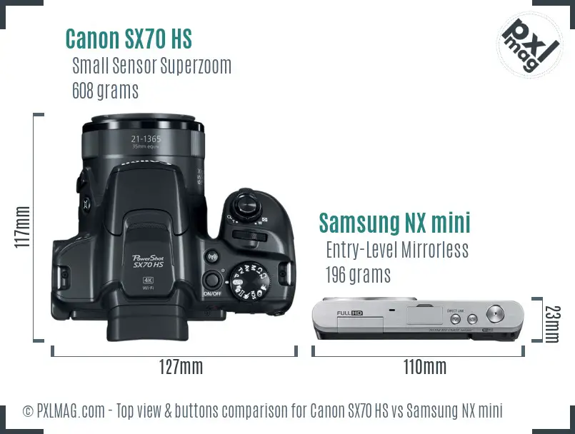 Canon SX70 HS vs Samsung NX mini top view buttons comparison Canon SX70 HS vs Samsung NX mini top view buttons comparison