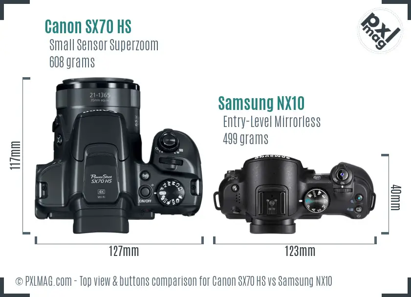 Canon SX70 HS vs Samsung NX10 top view buttons comparison