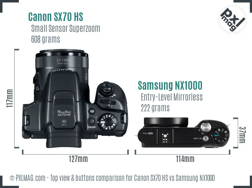 Canon SX70 HS vs Samsung NX1000 top view buttons comparison Canon SX70 HS vs Samsung NX1000 top view buttons comparison