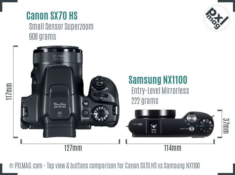 Canon SX70 HS vs Samsung NX1100 top view buttons comparison Canon SX70 HS vs Samsung NX1100 top view buttons comparison