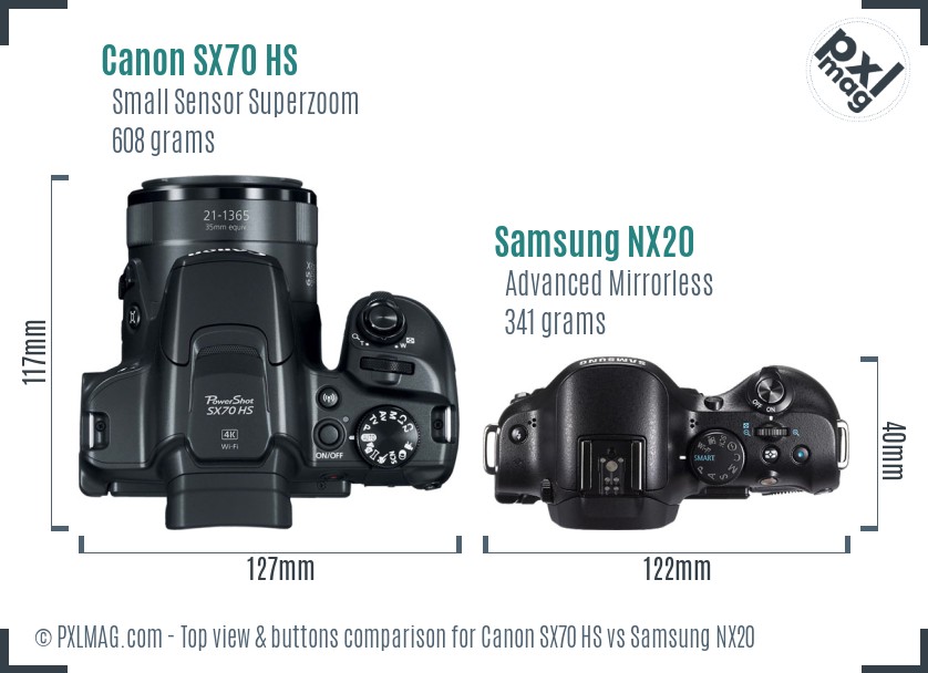 Canon SX70 HS vs Samsung NX20 top view buttons comparison