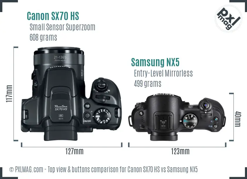 Canon SX70 HS vs Samsung NX5 top view buttons comparison Canon SX70 HS vs Samsung NX5 top view buttons comparison