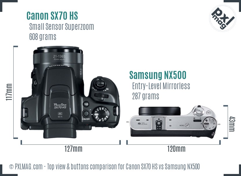 Canon SX70 HS vs Samsung NX500 top view buttons comparison