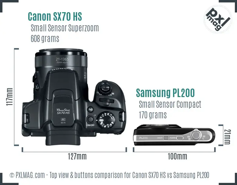Canon SX70 HS vs Samsung PL200 top view buttons comparison