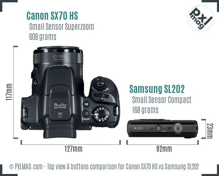 Canon SX70 HS vs Samsung SL202 top view buttons comparison Canon SX70 HS vs Samsung SL202 top view buttons comparison