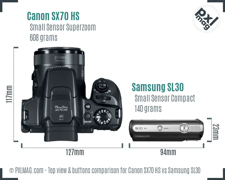Canon SX70 HS vs Samsung SL30 top view buttons comparison