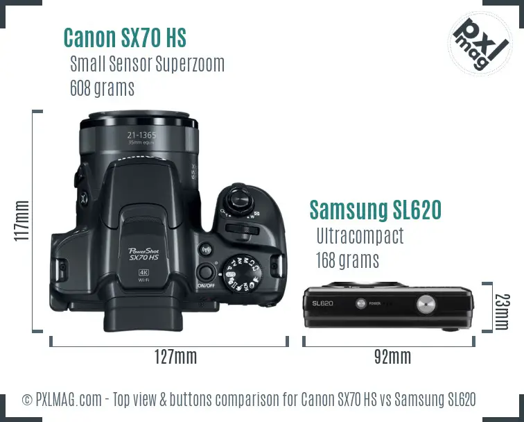 Canon SX70 HS vs Samsung SL620 top view buttons comparison