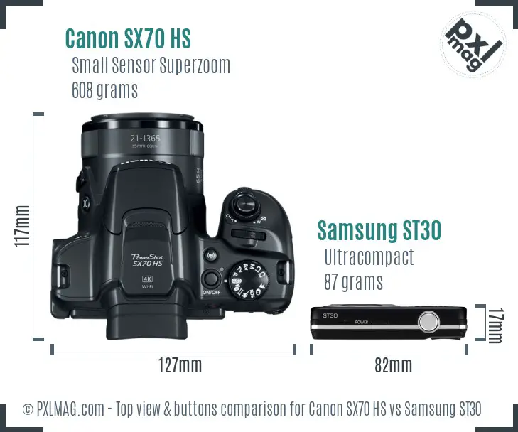 Canon SX70 HS vs Samsung ST30 top view buttons comparison Canon SX70 HS vs Samsung ST30 top view buttons comparison