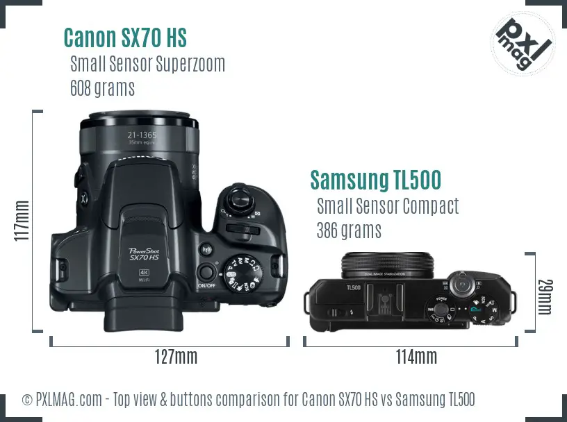 Canon SX70 HS vs Samsung TL500 top view buttons comparison