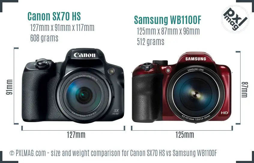 Canon SX70 HS vs Samsung WB1100F size comparison