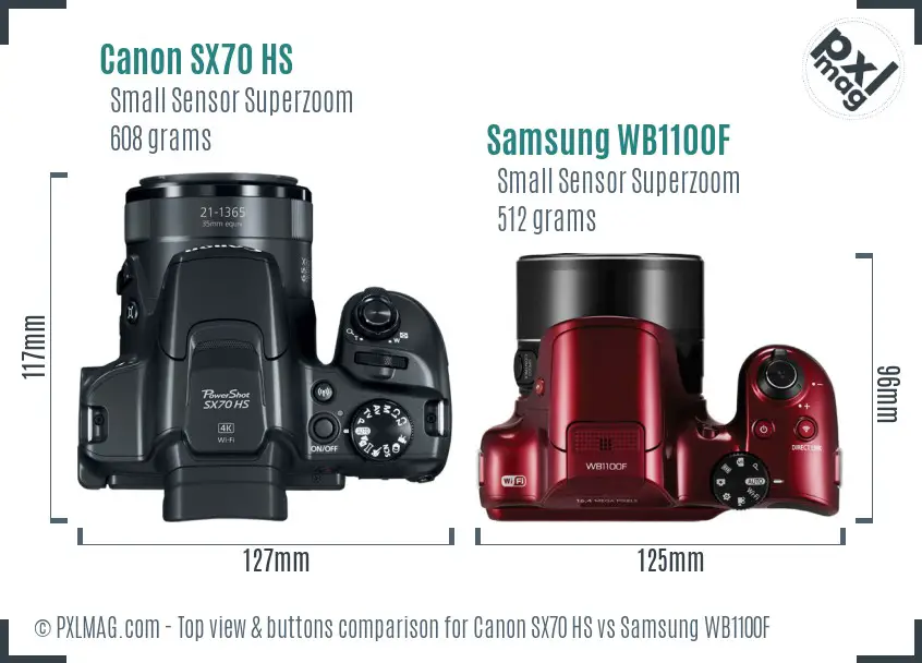 Canon SX70 HS vs Samsung WB1100F top view buttons comparison