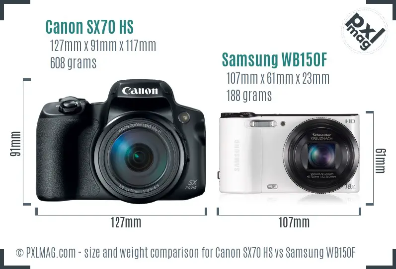Canon SX70 HS vs Samsung WB150F size comparison