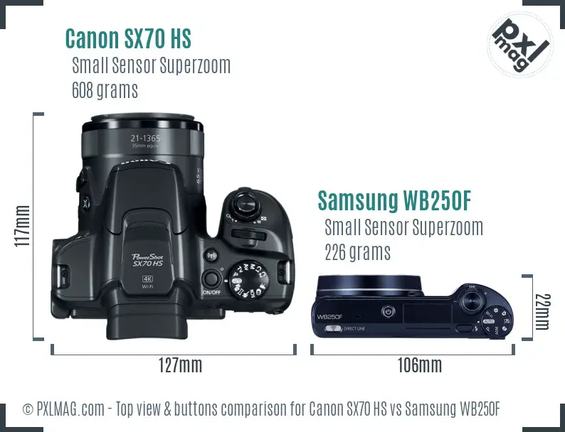 Canon SX70 HS vs Samsung WB250F top view buttons comparison
