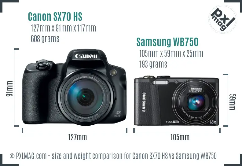 Canon SX70 HS vs Samsung WB750 size comparison